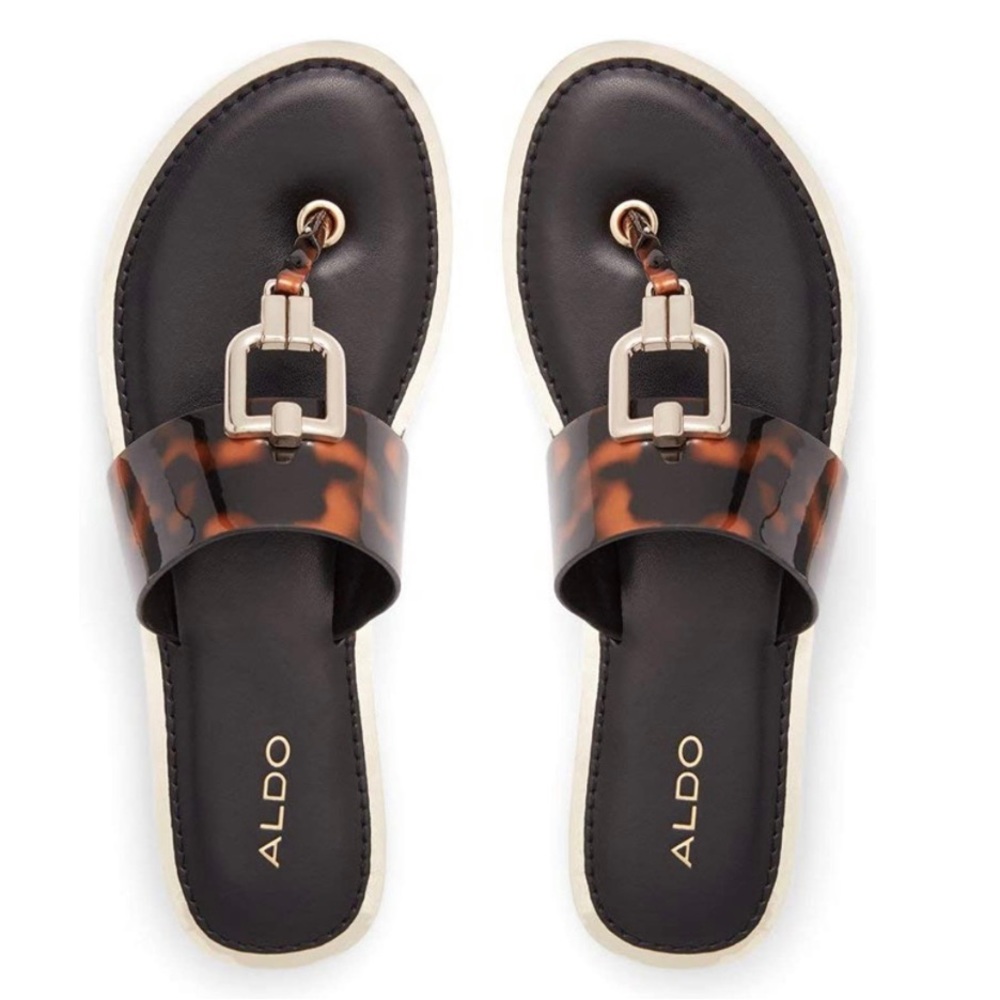ALDO Size 8.5 Thong Sandal Tortoiseshell Gold Accents Brand New In Original Box